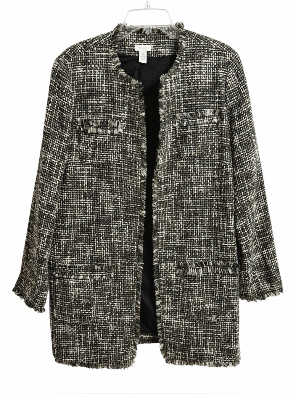 Chico's Tweed Fringe Long Academia Blazer Jacket L 12 Gray Old Money Open Front